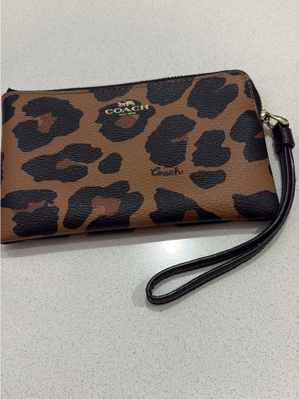 Coach Leopard-Print Leather Wristlet in Brown and Black Pristine condition